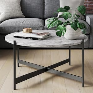 Piper 36 in. White/Black Medium Round Faux Marble Coffee Table