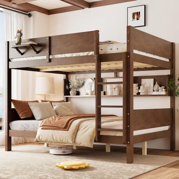 Brown Queen Over Queen Bunk Bed with Convenient Tray, Storage Shelves and Upgraded Slats