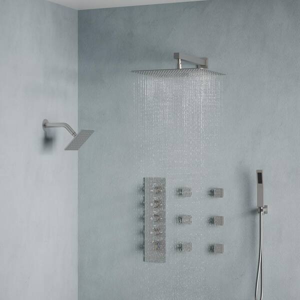 15-Spray 16 in. Shower System with 6 in. Showerhead, Hand Shower and Side Sprayer in Brushed Nickel