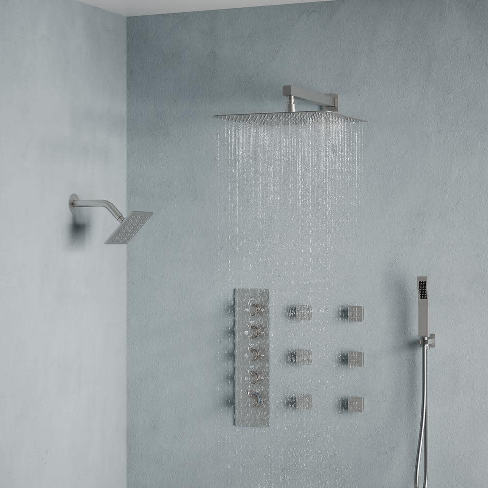 16" Dual Shower Heads with Handheld Spray and Body Jets in Brushed Nickel