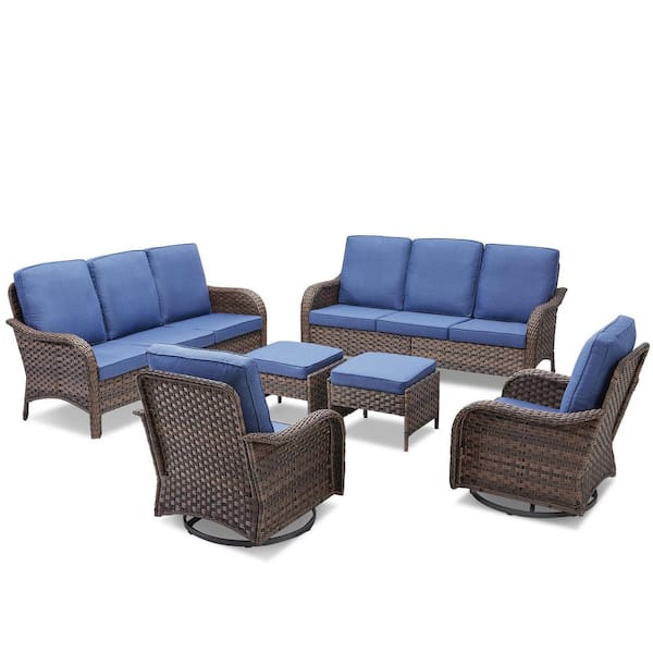 6-Piece Wicker Swivel Patio Conversation Set, 2-Sofa, Swivel Chairs, Footstools with Blue Cushions