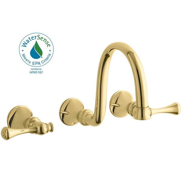KOHLER Revival 2-Handle Wall-Mount Water-Saving Bathroom Faucet Trim Kit in Vibrant Polished Brass (Valve Not Included)