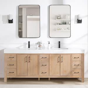 León 84 in.W x 22 in.D x 34 in.H Double Sink Bath Vanity in Fir Wood Brown with White Composite Stone Top and Mirror