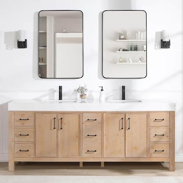 ROSWELL León 84 in.W x 22 in.D x 34 in.H Double Sink Bath Vanity in Fir Wood Brown with White Composite Stone Top and Mirror