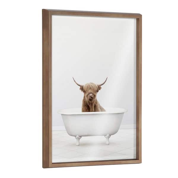 Kate and Laurel Sylvie Highland Cow Solo Bathtub by Amy Peterson Art Studio Framed Art Print 24 in. x 18 in.