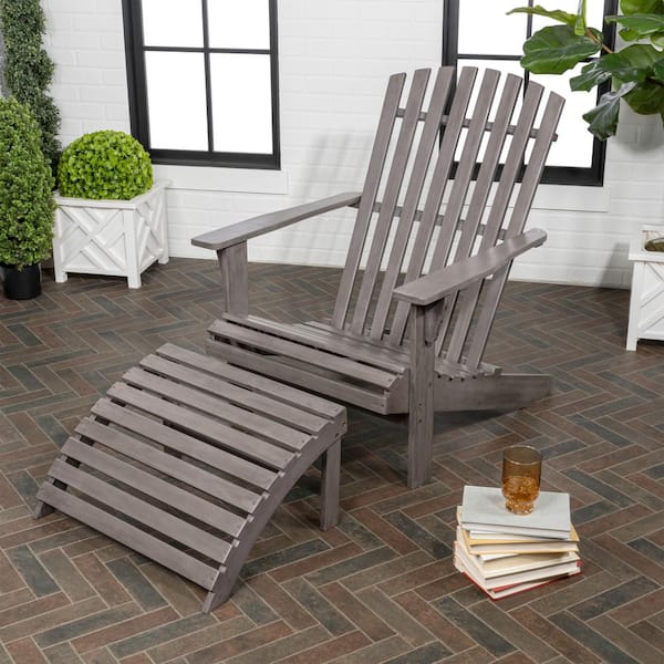 JONATHAN Y Saranac Gray Wash Traditional Rustic Acacia Wood Adirondack Chair with Detachable Ottoman (2-Piece)