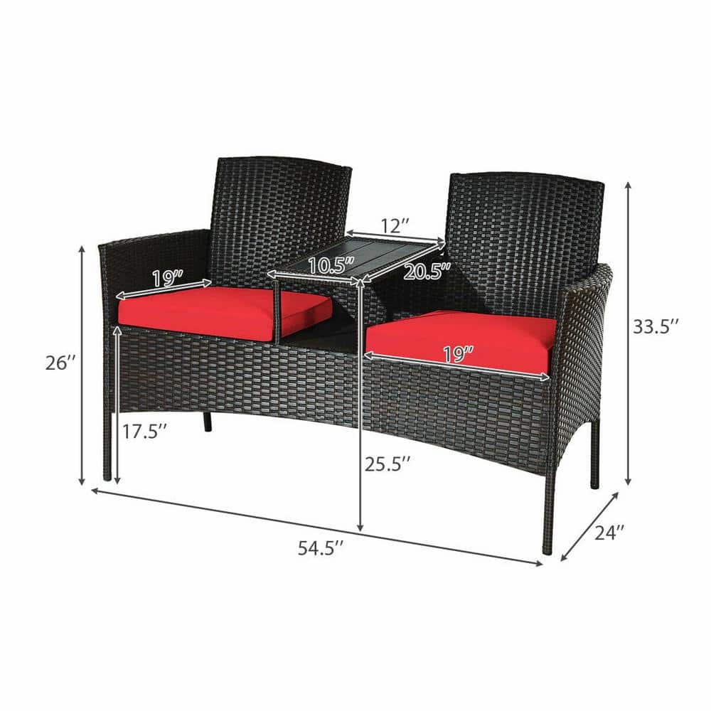 Compact Black Wicker Patio Loveseat with Red Cushions and Glass Table