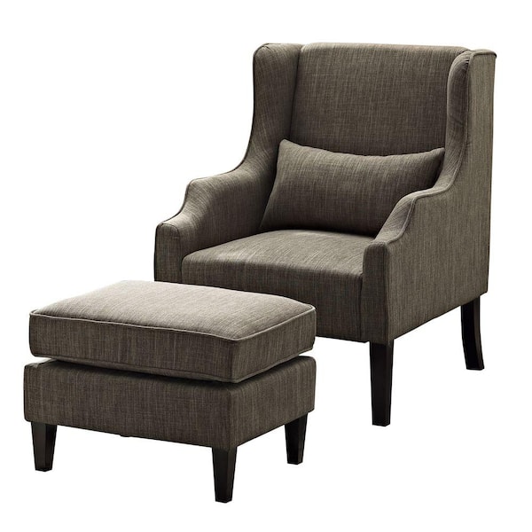 Simpli Home Ashbury 29 in. Wide Transitional Wingback Club Armchair and Ottoman in Fawn Brown Linen Look Fabric