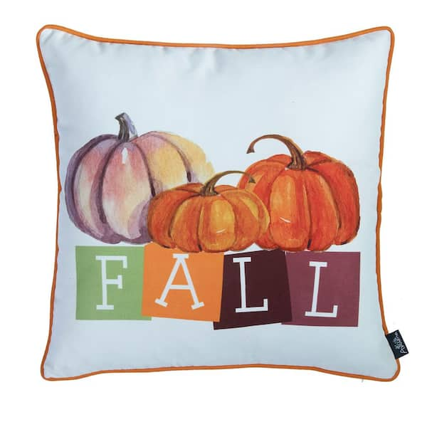 Mike & Co. New York Fall Decorative Throw Pillow Plaid & Pumpkins 18 in. x 18 in. Yellow & Orange Square Thanksgiving for Couch Set of 4, White/