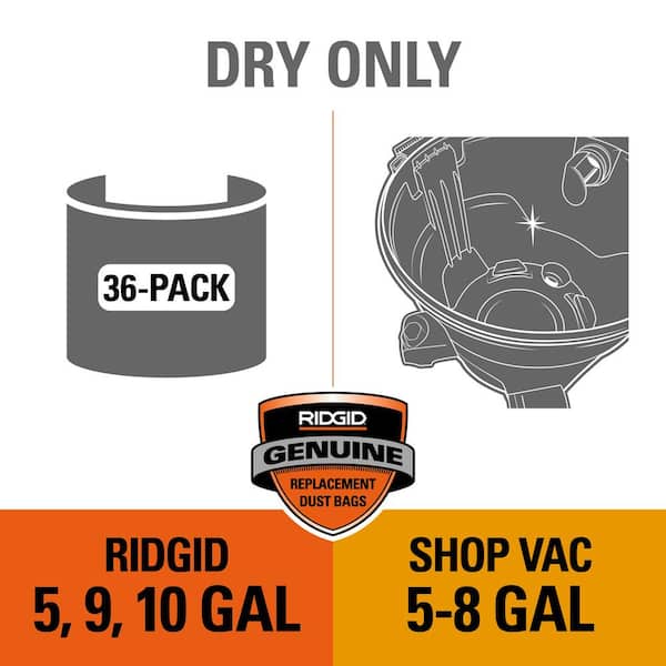 Genuine VF3503D Wet Dry Vac Dry Pick-up Only Dust Bags for Select 5-10 Gal. RIDGID Vacs, except HD0600, Size B (36-Pack)