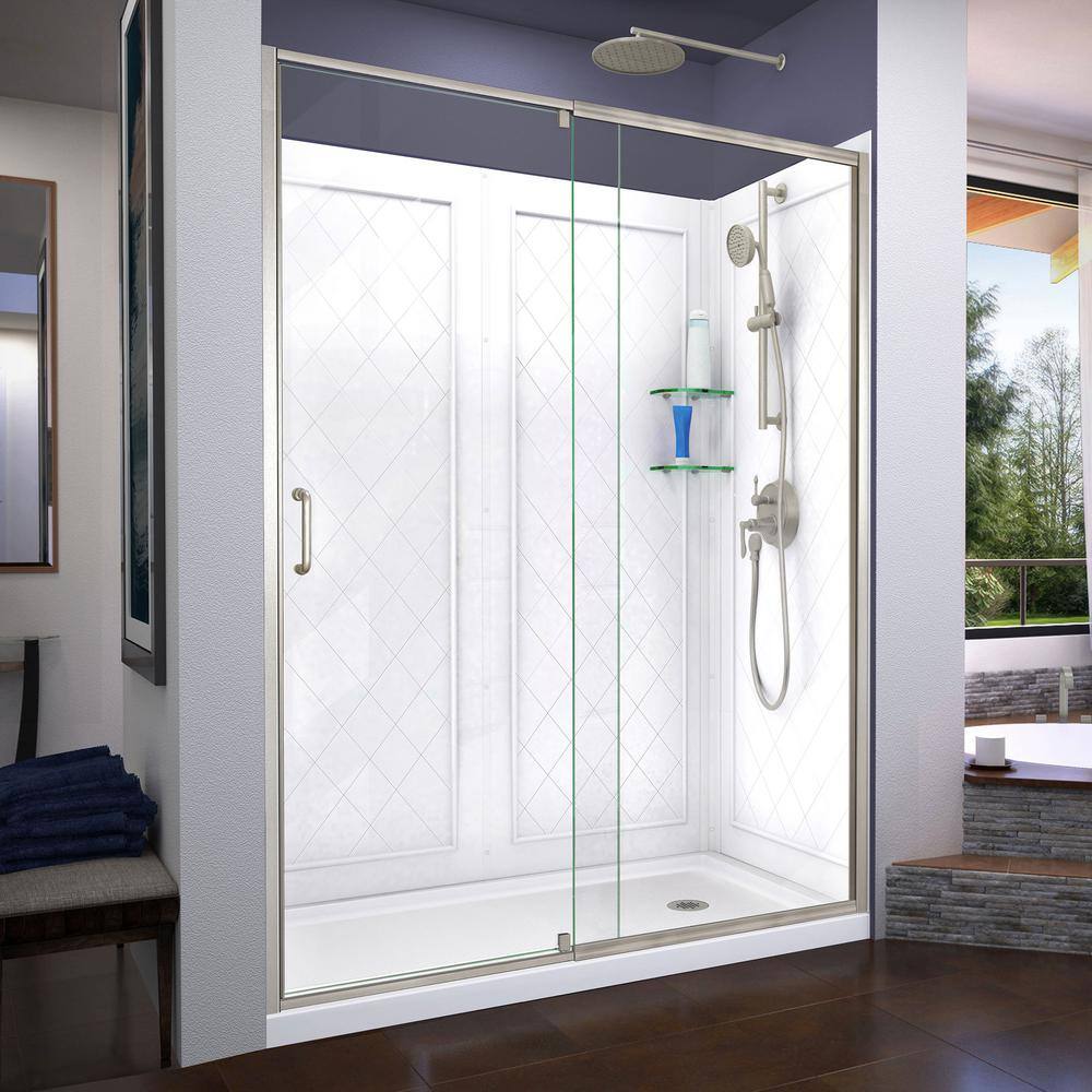 Flex 60 in. x 72 in. Semi-Frameless Pivot Shower Door in Brushed Nickel with 60 in. x 30 in. Base and Wall in White price history on PriceWatchPro