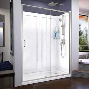 Flex 60 in. x 72 in. Semi-Frameless Pivot Shower Door in Brushed Nickel with 60 in. x 30 in. Base and Wall in White