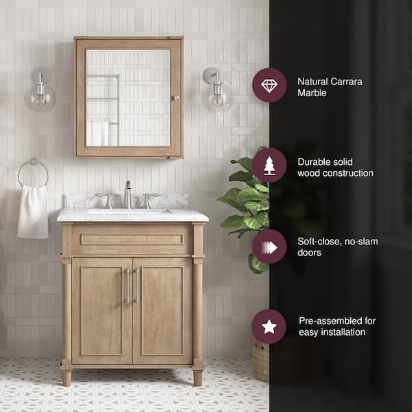 Aberdeen 30 in. Single Sink Freestanding Antique Oak Bath Vanity with Carrara Marble Top (Assembled)