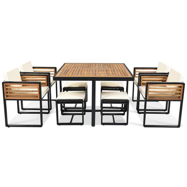 Brown 9-Piece Acacia Wood Outdoor Dining Set, 4 Chairs with Cushion & 4 Ottomans & 1 Square Table for Poolside