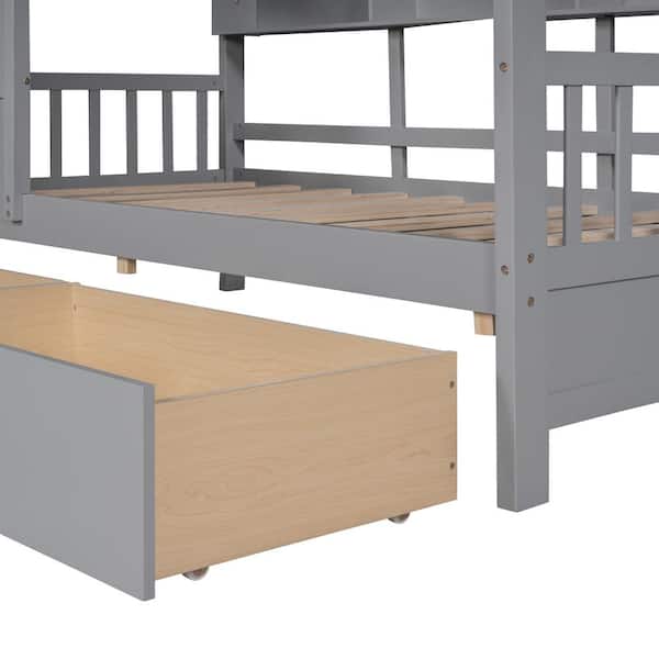 Twin/Full Size House Bed with Storage Drawers and Shelves, Wood