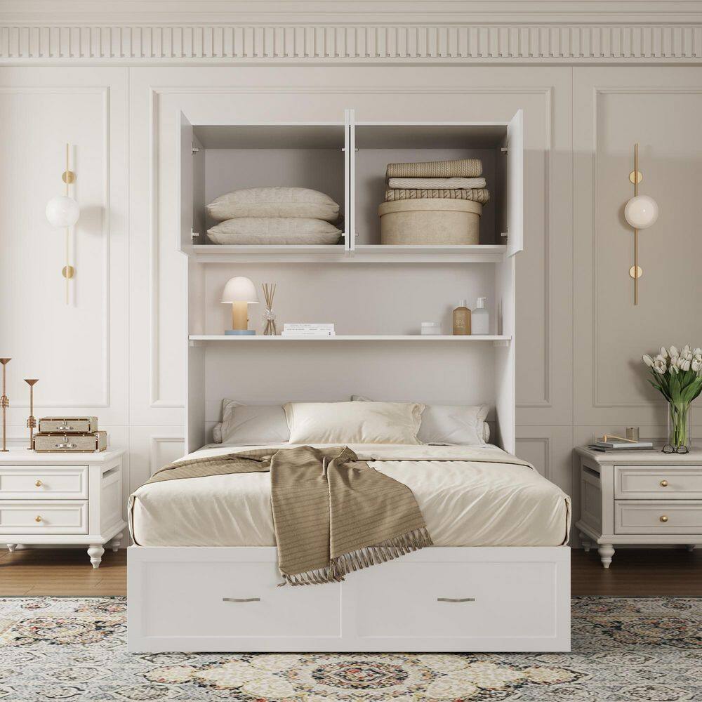 White Wood Frame Full Size Murphy Bed, Panel Bed with 3-Large Storage Shelves, Bed and Bookcase 2 in 1 - thumbnail 2