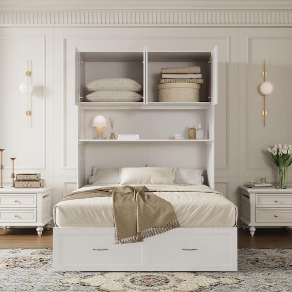 White Wood Frame Full Size Platform Bed, Murphy Bed with 3-Large Storage Shelves, Bed and Bookcase 2 in 1