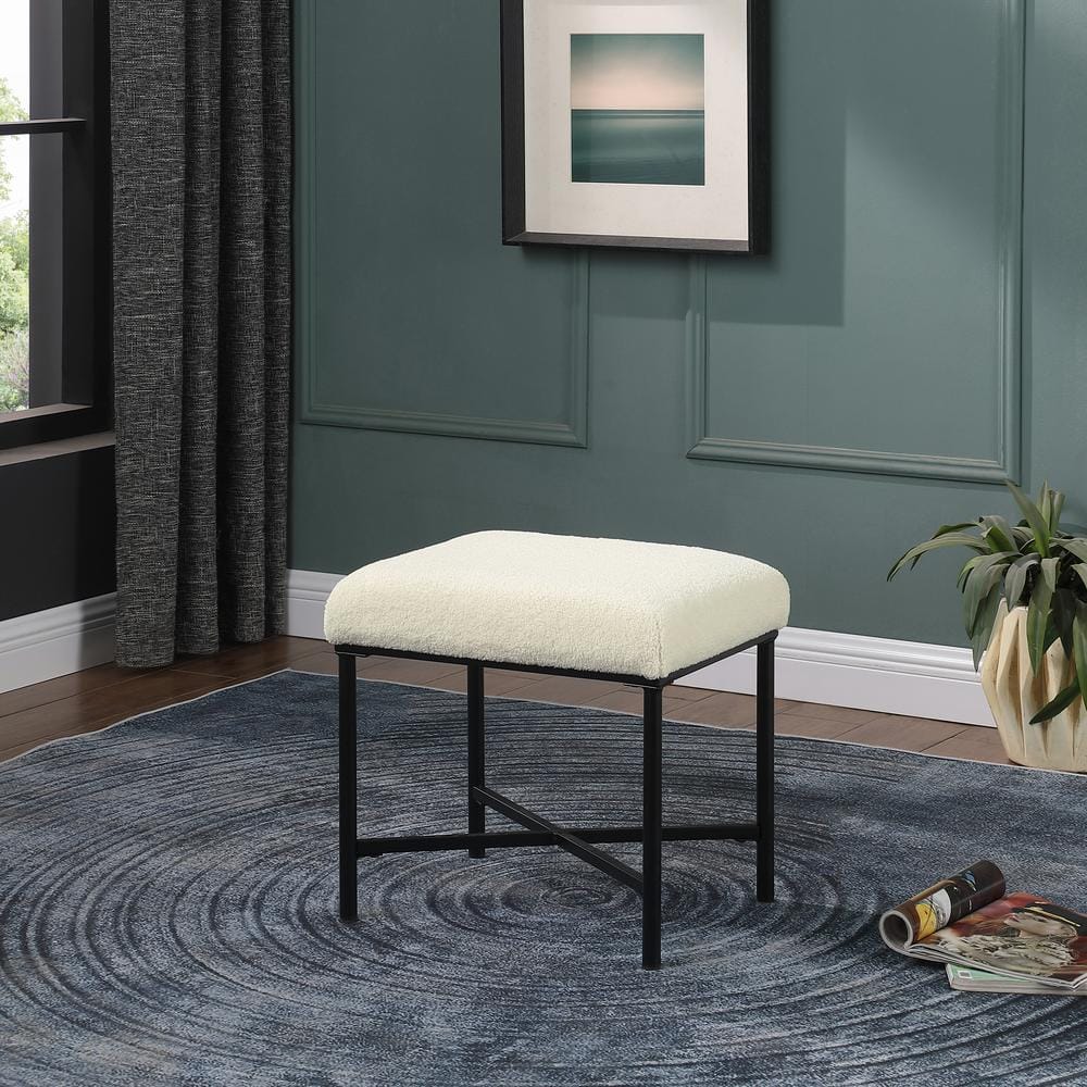 Cream Faux Sheepskin Square Ottoman with Black Metal Base