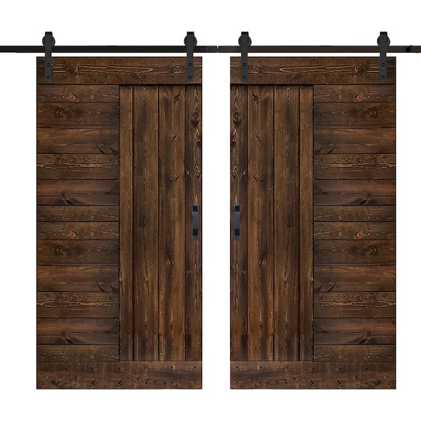 ISLIFE L Series 84 in. x 84 in. Kona Coffee Finished Solid Wood Double Sliding Barn Door with Hardware Kit - Assembly Needed