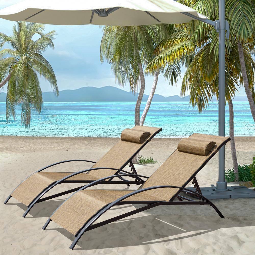 Set of 2 Adjustable Brown Textilene Fabric Chaise Lounges with Black Aluminum Frame