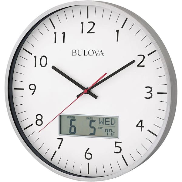 Bulova Wall Clock Digital Display Round Brushed Aluminum Case 14 in H x 14 in. 