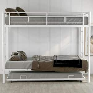 White Twin Over Twin Metal Bunk Bed Frame with Trundle and Safety Guard Rails for Teens Adults, No Box Spring Required