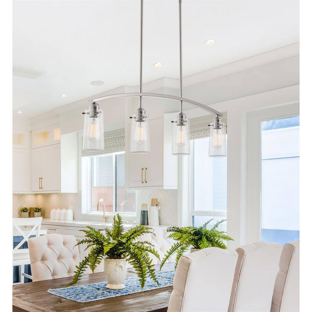 Brushed Nickel Linear Island Chandelier with Seeded Glass Shades