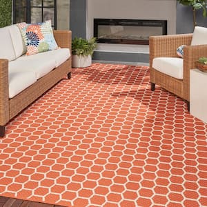 Reversible Indoor Outdoor Coral 9 ft. x 12 ft. Honeycomb Contemporary Area Rug