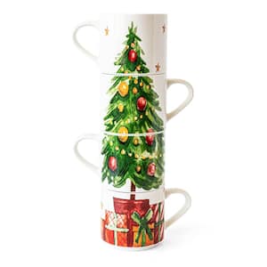 14 oz White Porcelain Mugs Christmas Tree (Set of 4)