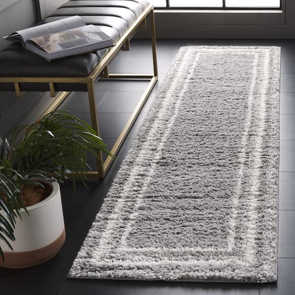 Border and Stripe Shag 2 ft. x 8 ft. Gray/Ivory Concentric Border Runner Rug