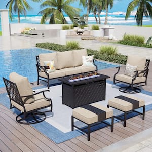 Black Metal Meshed 7 Seat 6-Piece Steel Outdoor Fire Pit Patio Set with Beige Cushions, Black Rectangular Fire Pit Table