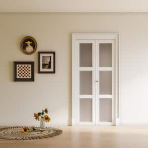 36 in. x 80.5 in. 3-Lite Frosting Glass MDF White Finished Closet Bifold Door with Hardware