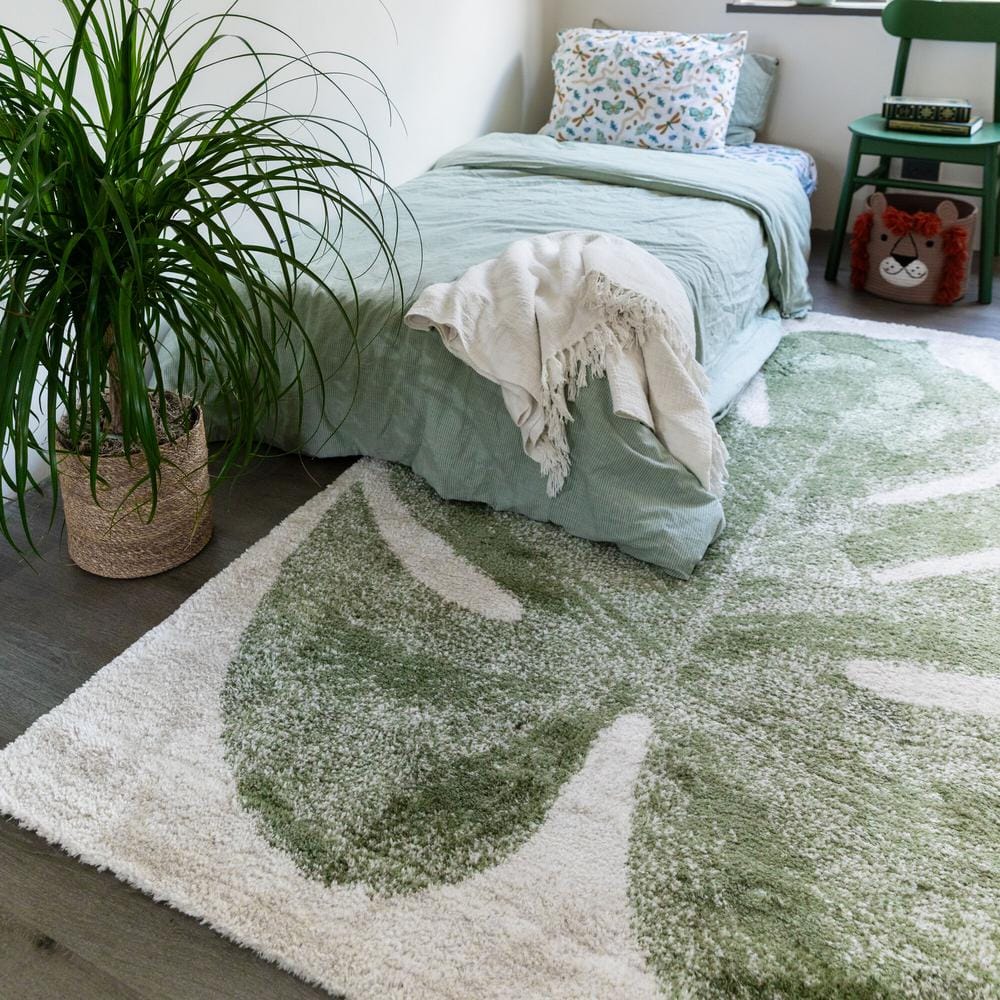 Green and Beige Synthetic Rectangular Kids Rug
