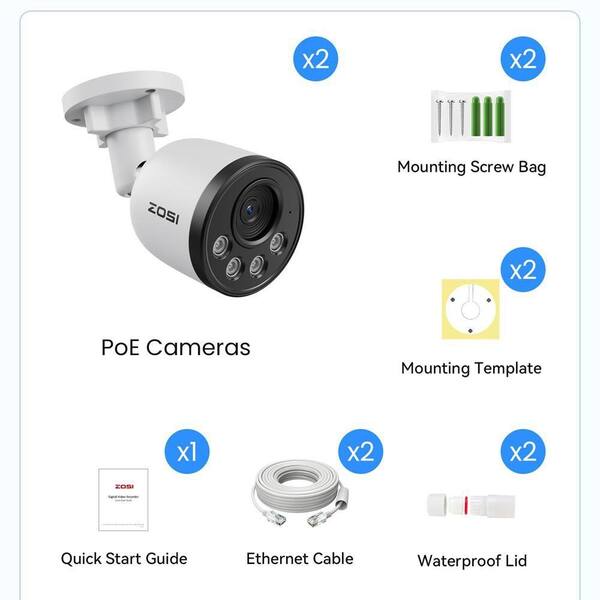 ZOSI 2 Pack C180 4K 8MP Hardwired PoE IP Security Camera with