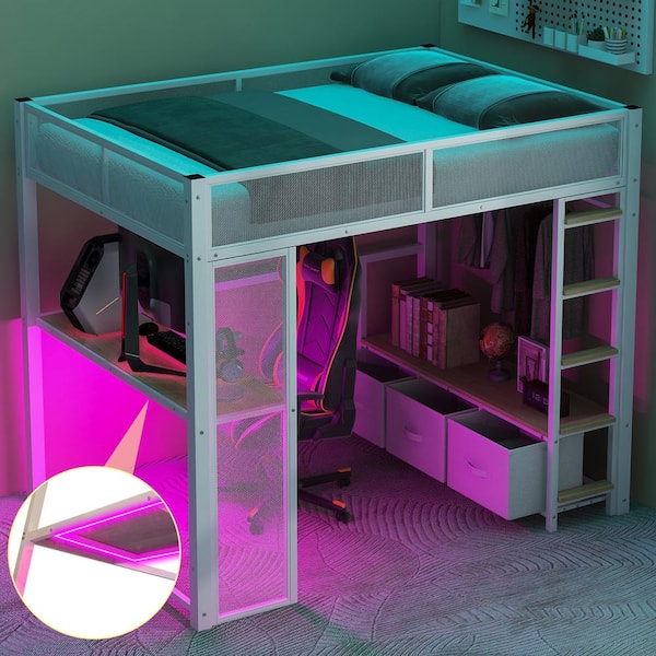 Harper & Bright Designs White Full Size Metal Gaming Loft Bed with LED, Desk, Shelf, Open Wardrobe and 3-Linen Storage Drawers