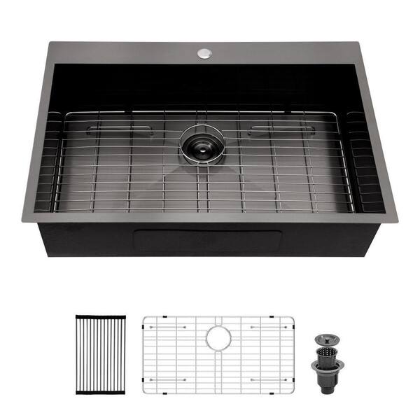 EPOWP Black 18 Gauge Stainless Steel 33 in. Single Bowl Undermount Workstation Kitchen Sink with Bottom Grid