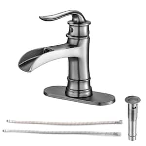 Single-Handle Single Hole Bathroom Faucet Waterfall Vessel Sink Faucet Deck Mount in Brushed Nickel