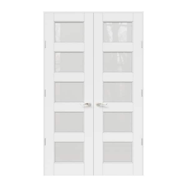 48 in. x 80 in. Universal 5-Lite Frosted Glass White Solid Core MDF Double French Door with Quick Assemble Jamb