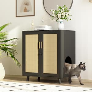 Cat Litter Box Enclosure With Lock Sisal Door, Black Hidden Litter Box Furniture Cat Washroom Storage for Living Room