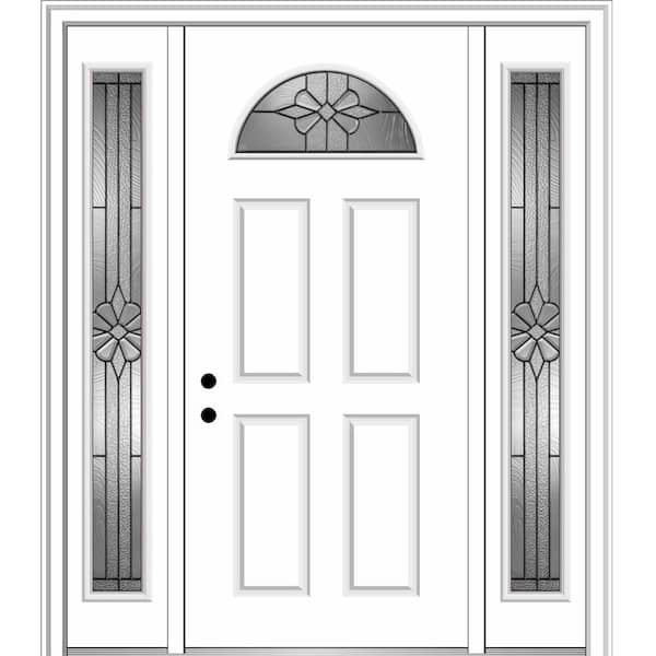 MMI Door 60 in. x 80 in. Dahlia Right-Hand Inswing Fan-Lite Decorative 4-Panel Primed Steel Prehung Front Door with Sidelites