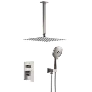 2-Handle 3-Spray Square High Pressure Shower Faucet with 12 in. Shower Head in Brushed Nickel (Valve Included)