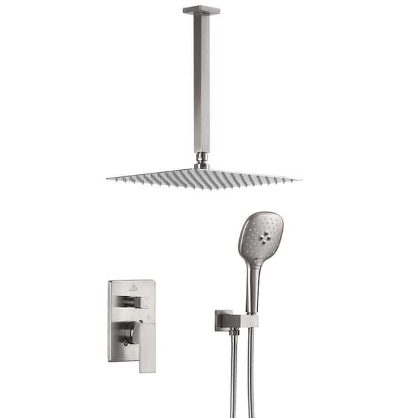 GroGro 2-Handle 3-Spray Square High Pressure Shower Faucet with 12 in. Shower Head in Brushed Nickel (Valve Included)