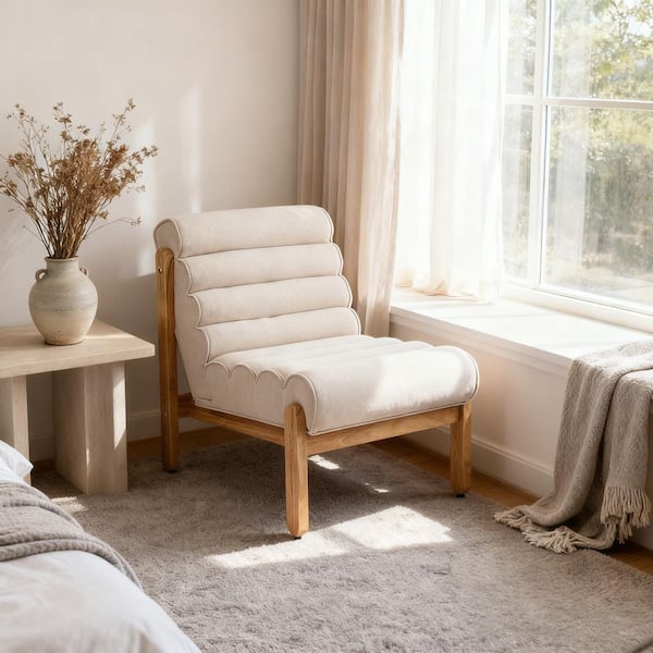 Beige/Natural Polyester Arm Chair with Solid Wood Frame for Living Room, Bedroom or Office