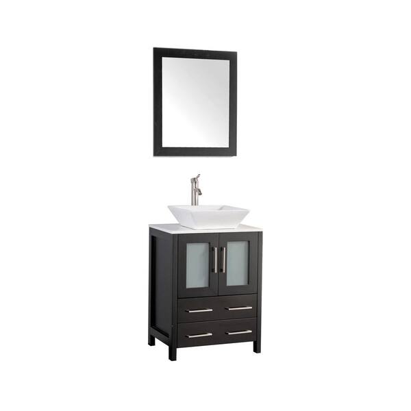 Vanity Art Ravenna 24 in. W Bathroom Vanity in Espresso with Single Basin in White Engineered Marble Top and Mirror
