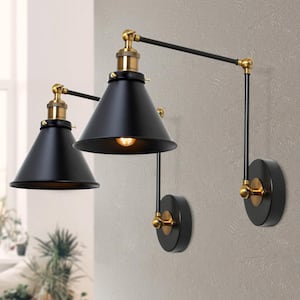 Black Swing Arm Wall Lamp Modern 1-Light Hardwired/Plug in Wall Sconce Desk Lamp Wall Lights for Bedroom (2-Pack)