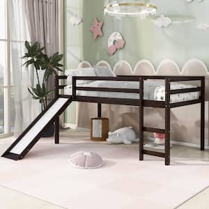 Wood Twin Loft Bed with Slide, Low Loft Bed Frame with Guard Rail and Ladder, No Box Spring Needed, Espresso