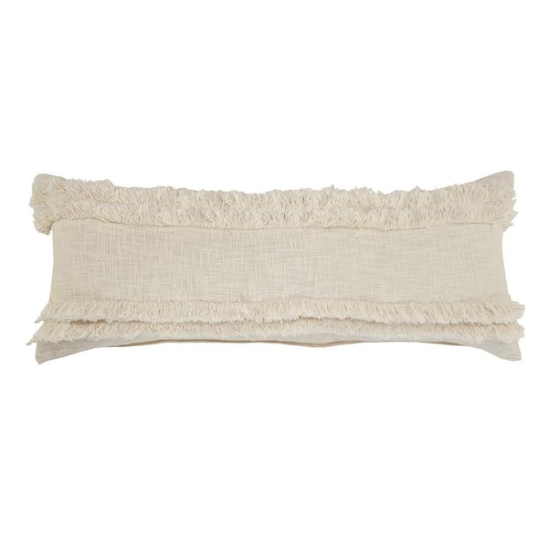 LR Home Beverly Cream Fringed Solid Soft Poly-fill 14 in. x 36 in. Lumbar  Indoor Throw Pillow