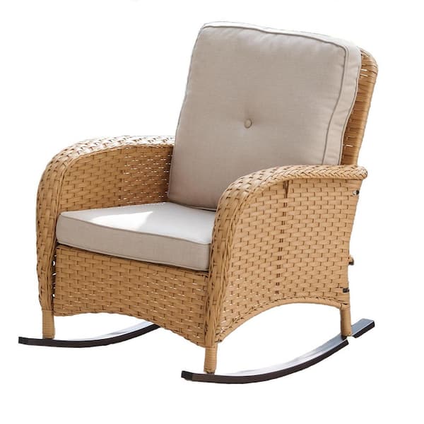 Carlos Yellow Wicker Outdoor Rocking Chair with Olefin Beige Cushion 1-Pack