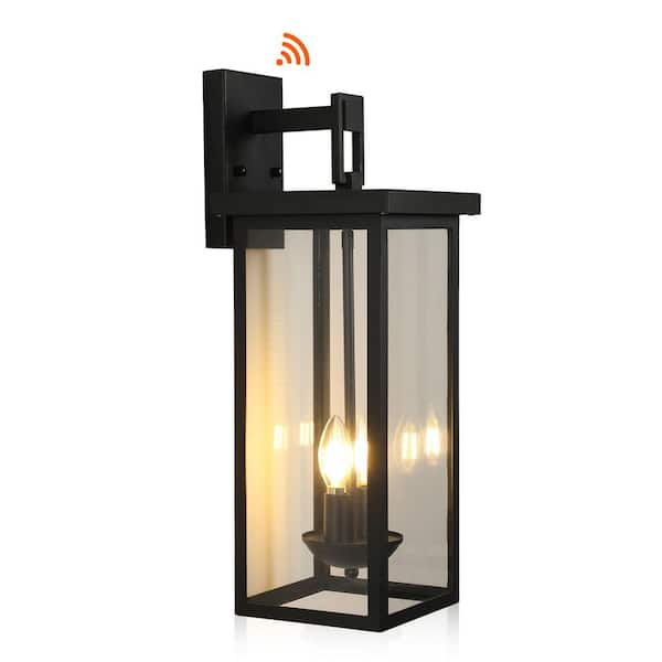 21.7 in. Black Motion Sensing Dusk to Dawn Outdoor Hardwired Wall Lantern Scone with Glass Shade and No Bulbs Included