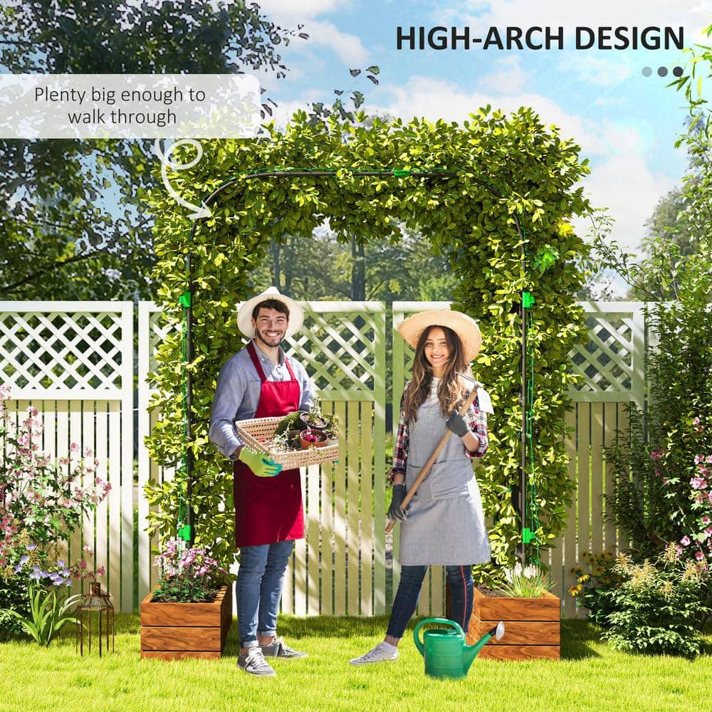 Black Steel Garden Arch Trellis with Climbing Net, 8 FT Tall